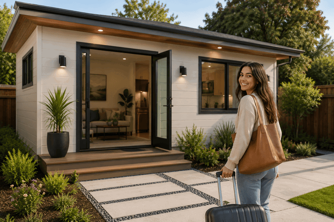 Woman walking suitcase toward modern backyard ADU