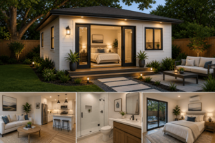 Collage of ADU interior spaces with modern furnishings