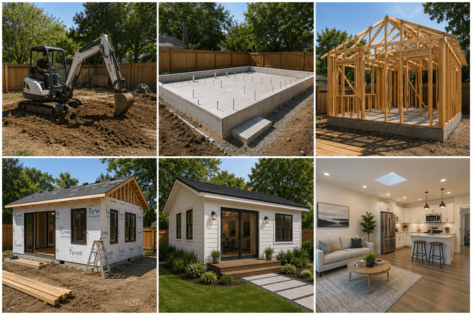 Full-ADU.png ADU construction process collage: foundation, framing, and finished build