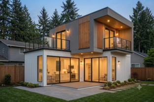 Contemporary backyard ADU with illuminated interior at night