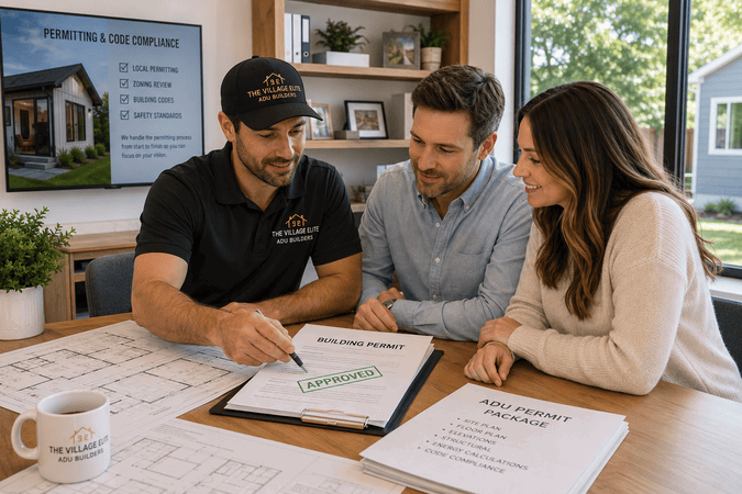 ADU builder reviewing documents with homeowners at table