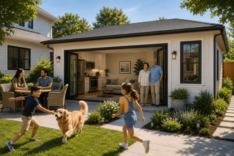 Family with dog walking toward backyard ADU
