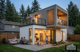 Backyard ADU with rooftop deck and outdoor seating area