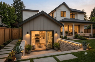 Modern two-story ADU with stone accents at dusk
