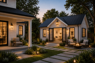 Modern white ADU with black trim illuminated at dusk