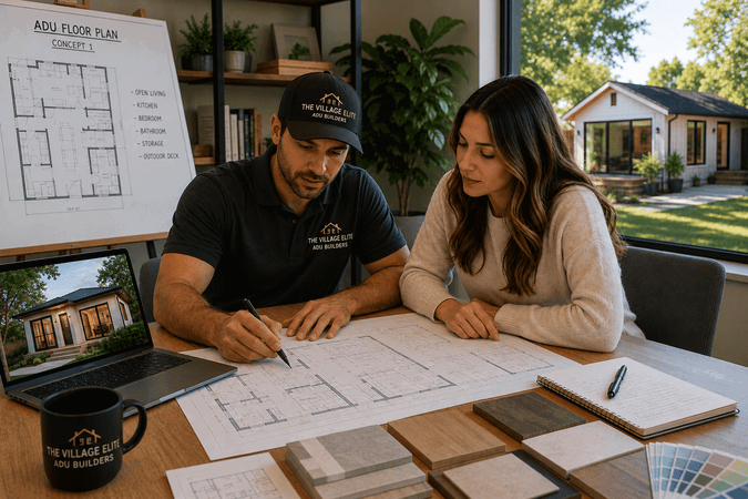 Plan.png Contractor and client reviewing ADU building plans together