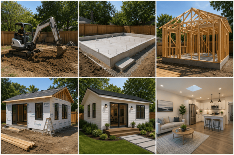 ADU construction process collage: foundation, framing, and finished build