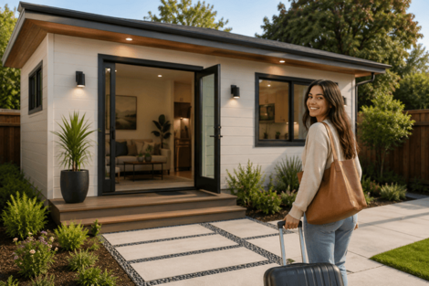 Woman walking suitcase toward modern backyard ADU
