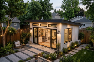 Compact backyard ADU with landscaped walkway and pool