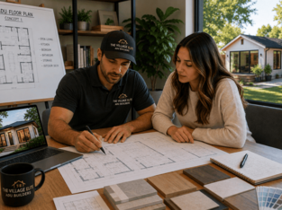 Contractor and client reviewing ADU building plans together