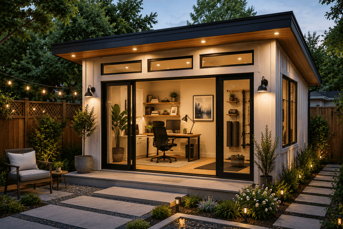 Hobby.png Backyard ADU office space with string lights at dusk