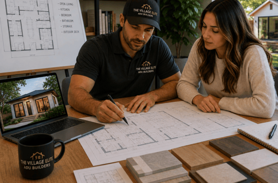 Plan.png Contractor and client reviewing ADU building plans together