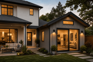 Craftsman-style ADU with warm lighting at night
