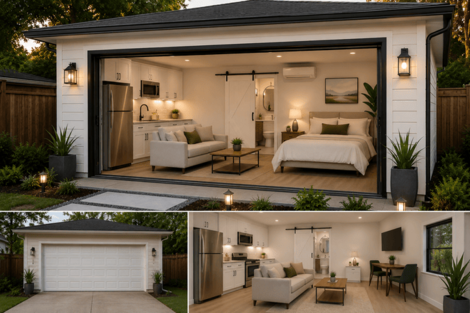 Modern ADU bedroom and living space with garage view