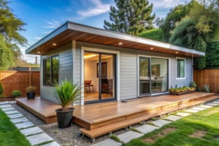 Backyard ADU with covered patio and sliding glass doors