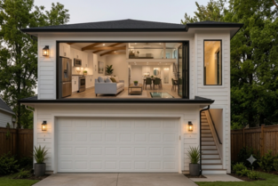 Two-car garage ADU with modern white exterior